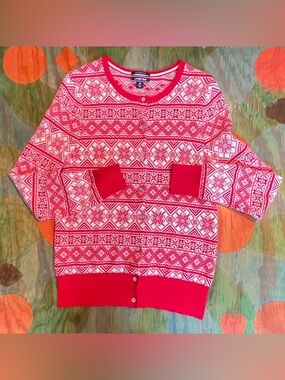 Lands End Cardigan Medium Red White Winter Holiday Snowflake Festive Button